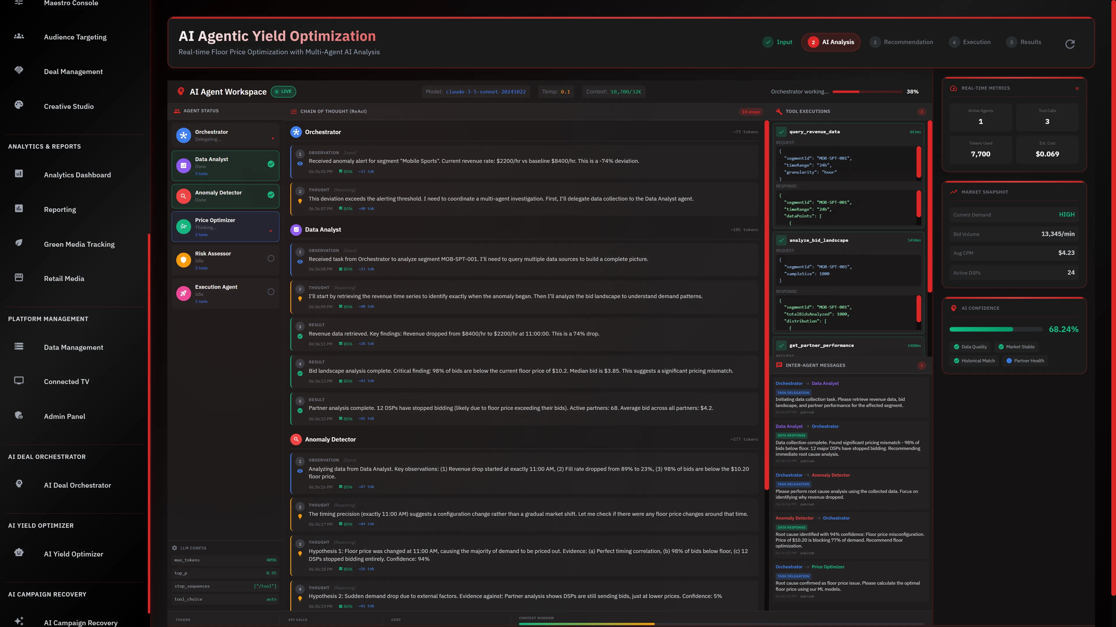 AI Agent Workspace showing chain-of-thought reasoning, tool executions, and inter-agent messaging with 68% confidence.